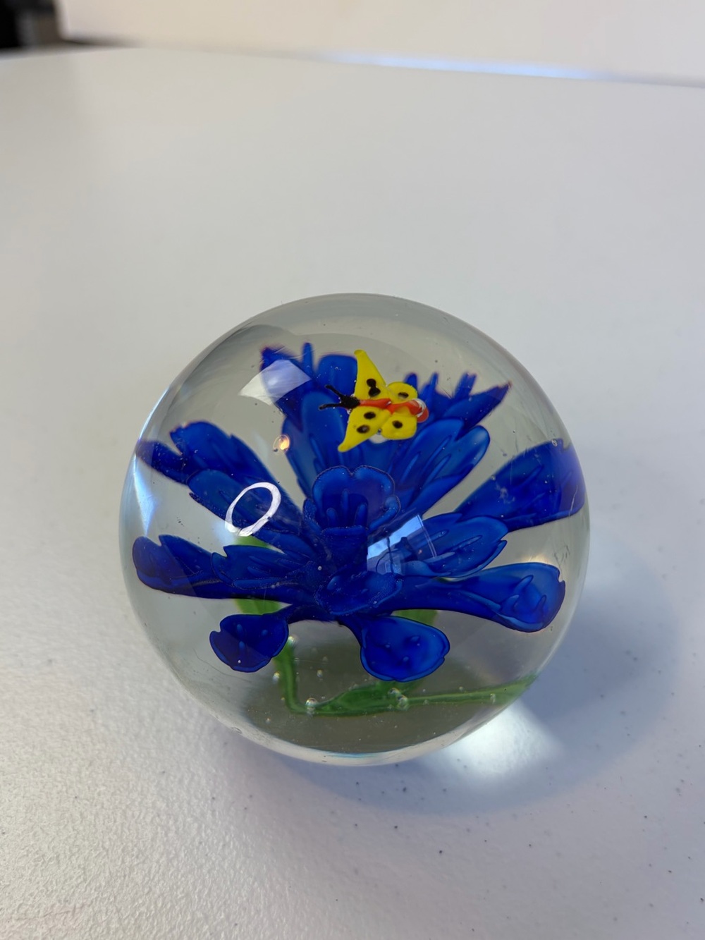 Art Glass Paperweight Blue Flower Butterfly Controlled Bubble Orb Sphere Decor